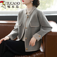 啄木鳥(niǎo)2025新款媽媽秋裝短款外套中老年女洋氣呢子開(kāi)衫春秋冬季毛衣套裝 灰色 [外套] 2XL (建議120-135斤)
