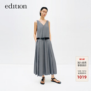 edition連衣裙女夏新款無(wú)袖V領(lǐng)羊毛背心裙西裝百褶長(cháng)裙配腰帶 淺花灰色 M 165