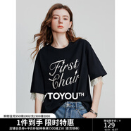 初語(yǔ)立體字母圓領(lǐng)T恤女2025夏季新款拼接蕾絲短袖寬松棉質(zhì)上衣 黑色 XL
