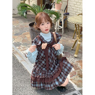 依樂(lè )琦甜美可愛(ài)風(fēng)棕色格紋連衣裙套裝秋冬減齡少女感打底衫背心裙兩件套 棕色格子裙(送小熊) L
