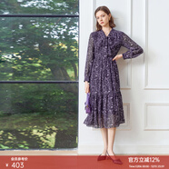 顏域紫色印花長(cháng)袖連衣裙2025早春新款修身百搭氣質(zhì)優(yōu)雅百褶中長(cháng)裙 紫花 S