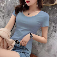 時(shí)尚低領(lǐng)大領(lǐng)口短袖t恤女夏季2025新款修身彈力低領(lǐng)正肩上衣女886 藍色 L 建議100-115斤
