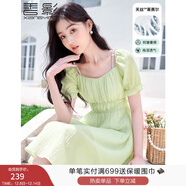 香影（xiangying）天絲方領(lǐng)連衣裙女2025夏季新款萊賽爾高腰法式綠色度假風(fēng)裙子 綠色 S