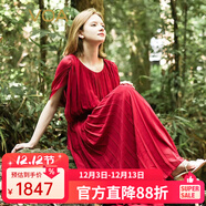 VOA真絲喬其雙層設計圓領(lǐng)蝙蝠袖壓褶打條輕盈飄逸沙灘百褶裙 AE2177 浣溪紗-酒紅（H38） L