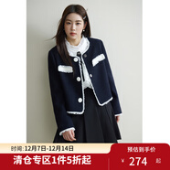 獨束大碼女裝撞色流蘇邊粗花呢外套女冬裝新款微胖mm羊毛混紡短外套 藏青色 L