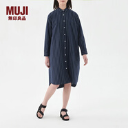 MUJI女式 棉襯衫連衣裙 BC03CC3S 長(cháng)款 裙子 襯衫裙 藏青條紋 L-XL