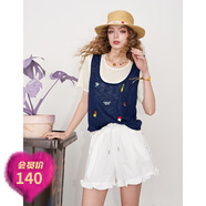 妖精的口袋假兩件動(dòng)物刺繡短袖針織衫女2025年夏季新款設計感上衣 繡花藏青色 M