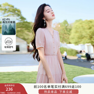 香影（xiangying）粉色v領(lǐng)連衣裙女2025夏季新款肌理感法式甜美收腰泡泡袖裙子 粉紅 L