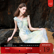 三彩2025夏季新款系帶V領(lǐng)荷葉邊暈染印花雪紡連衣裙長(cháng)裙 綠米花卉 M 160/84A