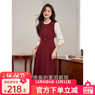 熙世界（sllsky）法式赫本小香風(fēng)連衣裙女秋冬季復古長(cháng)袖假兩件新年紅色裙子 酒紅色 2XL