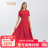 VOA30姆米重磅桑蠶絲圓領(lǐng)自然腰短袖對絲工藝百褶大擺連衣裙 AE1350 夢(mèng)想紅（H06） L