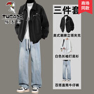 啄木鳥(niǎo)（TUCANO）美式工裝外套男痞帥春秋季帥氣男士酷帥穿搭休閑套裝男三件套 黑色+白長(cháng)袖+牛仔褲藍【三件套】 S