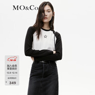 MO&Co.水漿星星圖案美式撞色插肩袖長(cháng)袖圓領(lǐng)短款棉質(zhì)彈力T恤摩安珂 本白色-第2批 S 160
