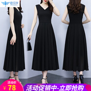 歐貝汐紅色裙女夏季大裙擺修身無(wú)袖雪紡沙灘長(cháng)款v領(lǐng)高腰黑色連衣裙 黑色 5XL