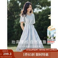 茵曼（INMAN）連衣裙高級感法式方領(lǐng)2025夏女裝新品收腰提花休閑氣質(zhì)高級感顯瘦 淺藍色 M
