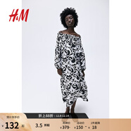 H&M女裝花卉連衣裙秋季通勤優(yōu)雅氣質(zhì)燈籠長(cháng)袖露肩A字長(cháng)裙1234914 黑色/圖案 155/80 XS