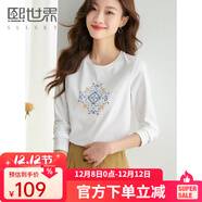 熙世界長(cháng)袖T恤女2025春季新款民族風(fēng)復古刺繡百搭寬松圓領(lǐng)體恤衫 珍珠白 M