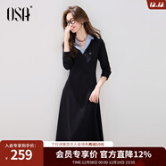 歐莎莎假兩件翻領(lǐng)長(cháng)袖連衣裙女2025秋季新款高智風(fēng)收腰顯瘦長(cháng)裙 黑色 M