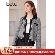 百圖betu女裝春季新款小香風(fēng)撞色短款翻領(lǐng)長(cháng)袖毛衣外套女2401T75 黑色 M