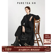 茶·愫（PURE TEA）【植絨工藝】puretea茶愫提花波點(diǎn)連衣裙女娃娃領(lǐng)木耳邊秋季新款 石墨黑 S