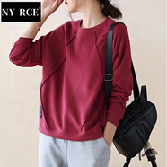 NY-RCE休閑衛衣女套頭春秋季新款韓版洋氣時(shí)尚寬松長(cháng)袖上衣外套潮 暗紅色 XL 建議115-130斤