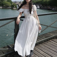 韓國chic夏季新款法式方領(lǐng)拼接蕾絲花邊綁帶收腰泡泡袖連衣裙女 白色長(cháng)裙6872 S S