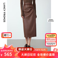 朗姿復古高腰直筒氣質(zhì)修身顯瘦皮裙中長(cháng)款通勤休閑半身裙冬季新款 深咖色2 M