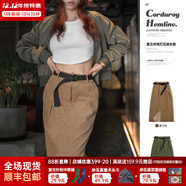 馬登女裝 燈芯絨復古半身裙秋季新款純棉洗水鉛筆裙高腰直筒裙子 米卡棕 附贈腰帶馬登工裝 L