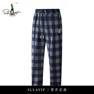 薩拉維夫（SLLAVIF）休閑褲男士直筒輕奢英倫風(fēng)磨毛呢格子褲男秋冬厚款保暖時(shí)尚 藍灰色 XL