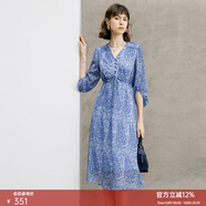 顏域藍色氣質(zhì)連衣裙女裝2024新款春季收腰顯瘦七分袖V領(lǐng)碎花裙子 藍花 S/36