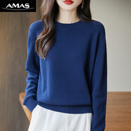 阿瑪施AMASS哥弟適用基礎版圓領(lǐng)毛衣女秋冬內搭休閑百搭大碼寬松針織打底衫女 藍色 XL