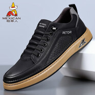 稻草人（MEXICAN）透氣真皮板鞋新款男款復古運動(dòng)休閑皮鞋軟底潮鞋子 黑色 38  標準皮鞋尺碼