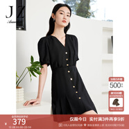 玖姿·安娜蔻洋氣小香風(fēng)V領(lǐng)收腰百褶紫色中長(cháng)款連衣裙夏款 素黑 M