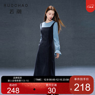 三彩大碼女裝2025冬季新款假兩件背帶式連衣裙喇叭袖拼接圓領(lǐng)胖MM