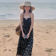 小紅書(shū)小眾絕美黑色碎花雪紡吊帶洋裝女夏超火好看度假沙灘長(cháng) 黑色升級版 XS XS90斤內