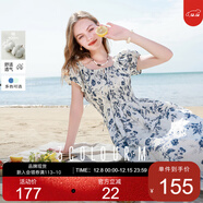 三彩2025夏季新款純棉連衣裙印花U領(lǐng)收腰A字裙泡泡袖中長(cháng)裙M