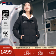 FILA斐樂(lè )官方女士長(cháng)款羽絨服冬季休閑簡(jiǎn)約連帽加厚大衣女裝外套 正黑色-BK XL 175/92A