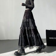 絲絨半身裙女秋冬2025新款寬松顯瘦蕾絲花邊裙大擺A字裙半裙 黑色今年流行裙子設計感小眾不撞款格雷系穿搭獨特絕美 M M