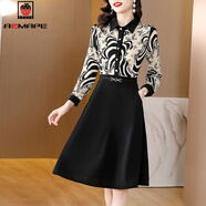 AEMAPE洋氣碎花連衣裙2026春夏季新款遮肚顯瘦親膚時(shí)尚長(cháng)袖假兩件裙子女 杏色 L