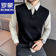 羅蒙秋冬厚款拼接假兩件毛衣男設計感毛呢襯衫袖撞色V領(lǐng)針織衫修身潮 杏色 M