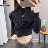 AEMAPE加絨加厚一體絨毛衣女2025新款冬季半高領(lǐng)荷葉邊針織打底修身上衣 黑色 【一體絨】 2XL 【125-135斤】