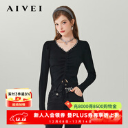 AIVEI2023年秋冬季新款甜酷顯瘦抽繩V領(lǐng)針織上衣女針織衫Q0560055 黑色 S