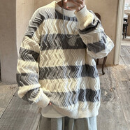 POUM條紋毛衣男秋冬季新款寬松休閑情侶針織衫外套青少年內搭打底衫 SCFS-D267灰色 L