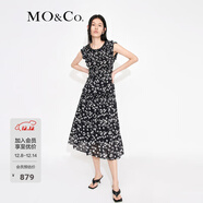 MO&Co.荷葉邊花邊打攬收腰碎花無(wú)袖園藝風(fēng)連衣裙氣質(zhì)露背裙子摩安珂 黑底彩花色-第2批 XS 155