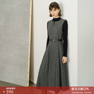 顏域綿羊毛格子連衣裙女款2025新款秋冬季復古中長(cháng)款無(wú)袖圓領(lǐng)裙子 灰格 L