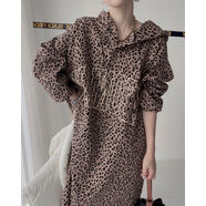 韓國chic連衣裙2023秋冬大碼胖MM豹紋連帽時(shí)尚寬松中長(cháng)款裙子潮 咖色豹紋 M M建議90-110斤