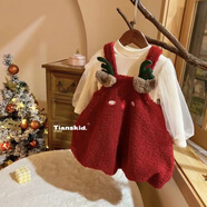 NAOISKEY?腦斯基女寶寶連衣裙圣誕2025冬裝女童加絨泡泡袖打底衫兒童公主兩件套 猩紅色 單裙子 80
