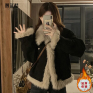 漫藍夢(mèng)高級感夾棉拼接羊羔毛毛牛仔棉服外套女秋冬百搭寬松氣質(zhì)小香風(fēng) 黑色好質(zhì)量【內里和袖子都是夾棉】 XL