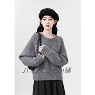 JTTCAC日本圓領(lǐng)毛衣女秋冬2024新款韓版寬松插肩針織衫內搭打底短款上衣 灰色 L