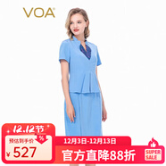 VOA36姆米蠶絲重磅立領(lǐng)提花拼接短袖收腰假兩件職業(yè)裝連衣裙 A82 流光蔚藍（Q82） S